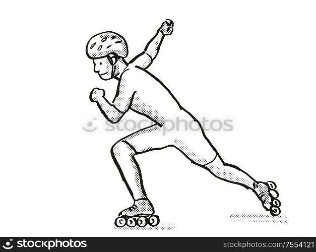 Retro cartoon style drawing of an athlete skater inline speed skating on isolated background done in black and white. athlete skater inline speed skating Cartoon Retro Drawing