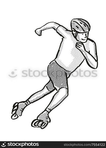 Retro cartoon style drawing of an athlete skater inline speed skating on isolated background done in black and white. athlete skater inline speed skating Cartoon Retro Drawing