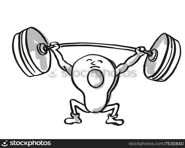 Retro cartoon style drawing of an Avocado fruit, a healthy vegetable lifting a barbell on isolated white background done in black and white. Avocado Healthy Vegetable Lifting Barbell Cartoon Retro Drawing