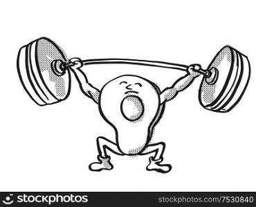 Retro cartoon style drawing of an Avocado fruit, a healthy vegetable lifting a barbell on isolated white background done in black and white. Avocado Healthy Vegetable Lifting Barbell Cartoon Retro Drawing