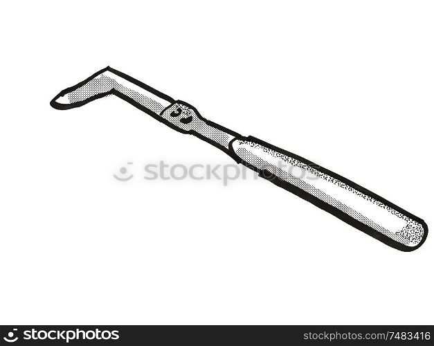 Retro cartoon style drawing of an edging knife, a garden or gardening tool equipment on isolated white background done in black and white. edging knife Cartoon Retro Drawing