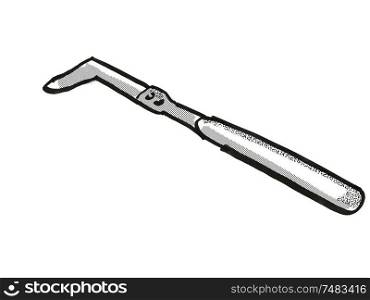 Retro cartoon style drawing of an edging knife, a garden or gardening tool equipment on isolated white background done in black and white. edging knife Cartoon Retro Drawing