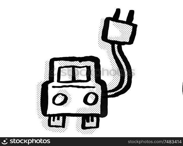 Retro cartoon style drawing of an electric vehicle (EV) charging station icon or symbol on isolated white background done in black and white. Electric Vehicle EV Charging Station Cartoon Drawing