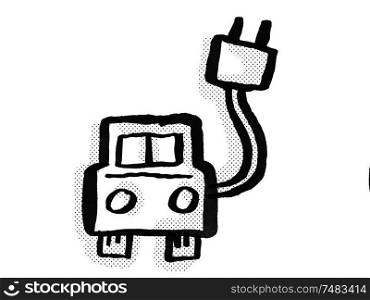 Retro cartoon style drawing of an electric vehicle (EV) charging station icon or symbol on isolated white background done in black and white. Electric Vehicle EV Charging Station Cartoon Drawing