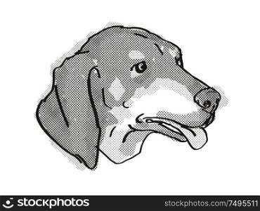 Retro cartoon style drawing of head of a Black and Tan Coonhound , a domestic dog or canine breed on isolated white background done in black and white.. Black and Tan Coonhound Dog Breed Cartoon Retro Drawing