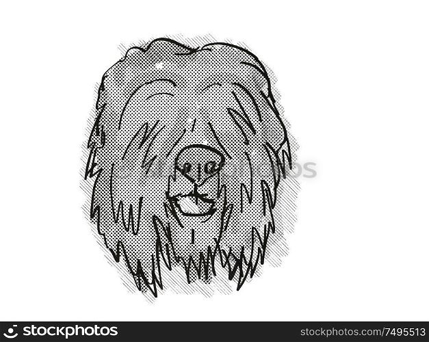 Retro cartoon style drawing of head of a Black Russian Terrier , a domestic dog or canine breed on isolated white background done in black and white.. Black Russian Terrier Dog Breed Cartoon Retro Drawing