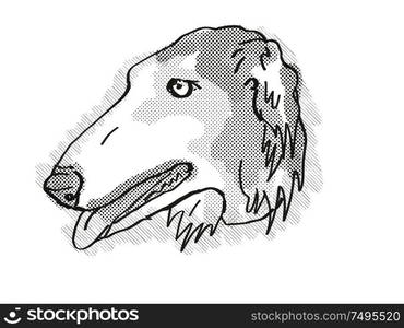 Retro cartoon style drawing of head of a Borzoi , a domestic dog or canine breed on isolated white background done in black and white.. Borzoi Dog Breed Cartoon Retro Drawing