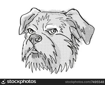 Retro cartoon style drawing of head of a Brussels Griffon, a domestic dog or canine breed on isolated white background done in black and white.. Brussels Griffon Dog Breed Cartoon Retro Drawing