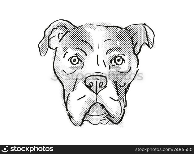 Retro cartoon style drawing of head of a Bullboxer Pit also sometimes called the Pixoter or American Bullboxer, a domestic dog or canine breed on isolated white background done in black and white.. Bullboxer Pit or American Bullboxer Dog Breed Cartoon Retro Drawing