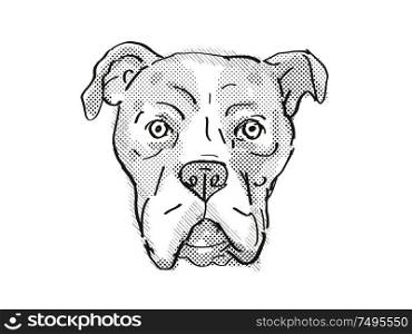 Retro cartoon style drawing of head of a Bullboxer Pit also sometimes called the Pixoter or American Bullboxer, a domestic dog or canine breed on isolated white background done in black and white.. Bullboxer Pit or American Bullboxer Dog Breed Cartoon Retro Drawing