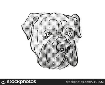 Retro cartoon style drawing of head of a Bullmastiff or silent watchdog, a domestic dog or canine breed on isolated white background done in black and white.. Bullmastiff Dog Breed Cartoon Retro Drawing