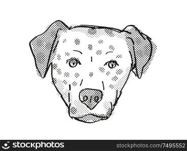 Retro cartoon style drawing of head of a Bullmatian , a domestic dog or canine breed on isolated white background done in black and white.. Bullmatian Dog Breed Cartoon Retro Drawing