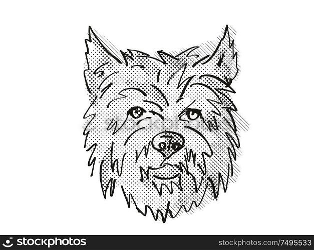 Retro cartoon style drawing of head of a Cairn Terrier, a domestic dog or canine breed on isolated white background done in black and white.. Cairn Terrier Dog Breed Cartoon Retro Drawing