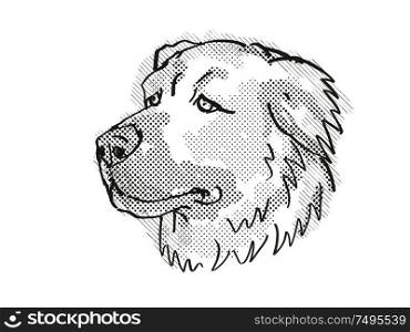 Retro cartoon style drawing of head of a Caucasian Shepherd or Caucasian Mountain Dog or Baskhan Pariy, a domestic dog breed in black and white.. Caucasian Shepherd Dog Dog Breed Cartoon Retro Drawing