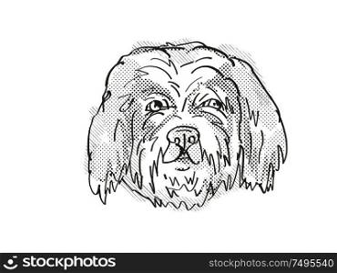 Retro cartoon style drawing of head of a Cavachon, a domestic dog or canine breed on isolated white background done in black and white.. Cavachon Dog Breed Cartoon Retro Drawing