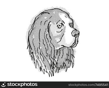 Retro cartoon style drawing of head of a Cavalier King Charles Spaniel, a domestic dog or canine breed on isolated white background done in black and white.. Cavalier King Charles Spaniel Dog Breed Cartoon Retro Drawing