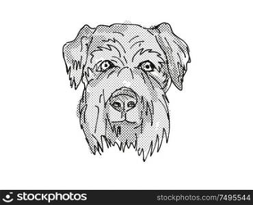 Retro cartoon style drawing of head of a Cesky Terrier, a domestic dog or canine breed on isolated white background done in black and white.. Cesky Terrier Dog Breed Cartoon Retro Drawing