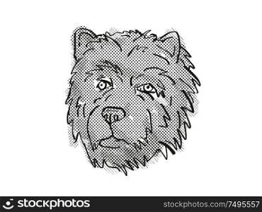 Retro cartoon style drawing of head of a Chow Chow, a domestic dog or canine breed on isolated white background done in black and white.. Chow Chow Dog Breed Cartoon Retro Drawing