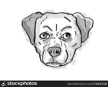 Retro cartoon style drawing of head of a Chug, Pug Chihuahua Pug mix, Pughuahua, or Pugwawa, a domestic dog or canine breed on isolated white background done in black and white.. Chug Pughuahua, or Pugwawa Breed Cartoon Retro Drawing