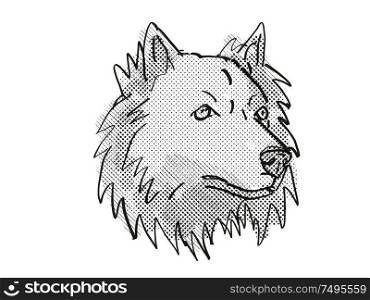 Retro cartoon style drawing of head of a Chusky mixed breed dog, a cross between the Chow Chow and Siberian Husky dog on isolated white background done in black and white.. Chusky mixed breed Dog Breed Cartoon Retro Drawing