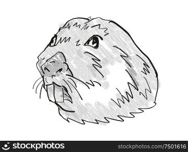 Retro cartoon style drawing of head of a Colonial Tuco Tuco, an endangered wildlife species on isolated white background done in black and white.. Colonial Tuco Tuco Endangered Wildlife Cartoon Retro Drawing