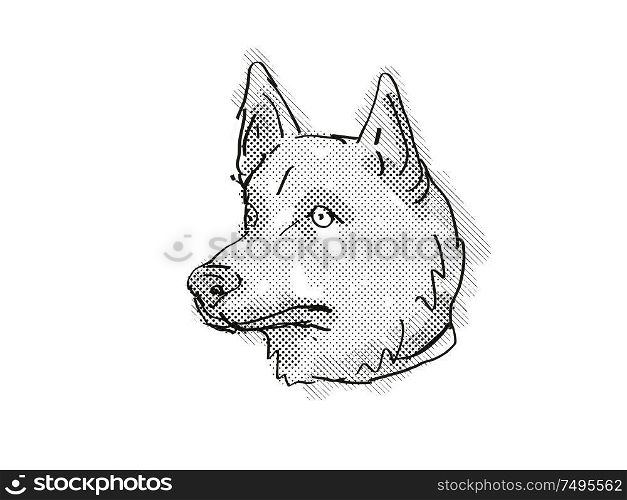 Retro cartoon style drawing of head of a Corgi Inu a mixed breed dog viewed from side on isolated white background done in black and white.. Corgi Inu Mixed Breed Dog Breed Cartoon Retro Drawing