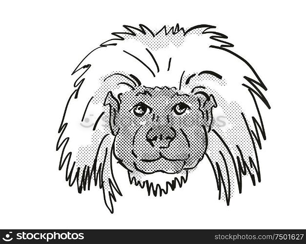 Retro cartoon style drawing of head of a Cottontop Tamarin , an endangered wildlife species on isolated white background done in black and white.. Cottontop Tamarin Endangered Wildlife Cartoon Retro Drawing