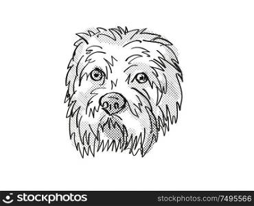 Retro cartoon style drawing of head of a Dandie Dinmont Terrier, a domestic dog or canine breed on isolated white background done in black and white.. Dandie Dinmont Terrier Dog Breed Cartoon Retro Drawing