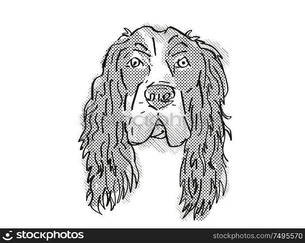 Retro cartoon style drawing of head of a English Cocker Spaniel, a domestic dog or canine breed on isolated white background done in black and white.. English Cocker Spaniel Dog Breed Cartoon Retro Drawing
