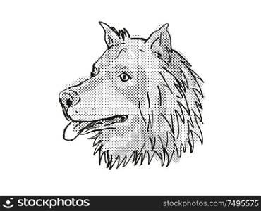 Retro cartoon style drawing of head of a Eurasier, Eurasian Spitz or Wolf-Chow, a domestic dog or canine breed on isolated white background done in black and white.. Eurasier or Eurasian Spitz Dog Breed Cartoon Retro Drawing