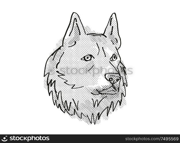 Retro cartoon style drawing of head of a Finnish Spitz, a domestic dog or canine breed on isolated white background done in black and white.. Finnish Spitz Dog Breed Cartoon Retro Drawing