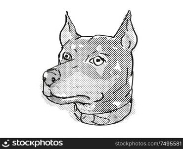 Retro cartoon style drawing of head of a German Pinscher, a domestic dog or canine breed on isolated white background done in black and white.. German Pinscher Dog Breed Cartoon Retro Drawing
