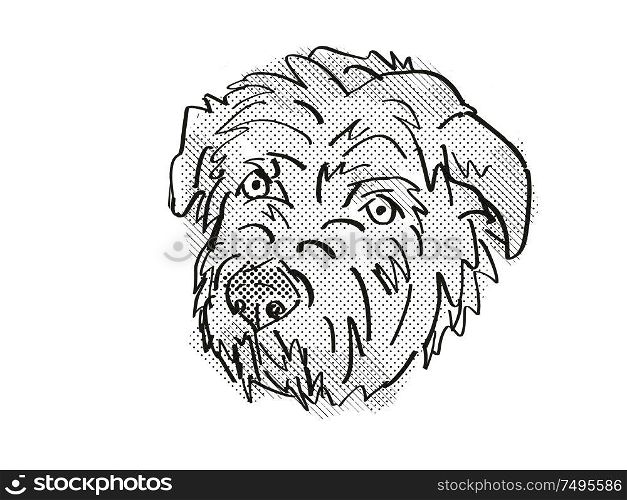 Retro cartoon style drawing of head of a Glen of Imaal Terrier, a domestic dog or canine breed on isolated white background done in black and white.. Glen of Imaal Terrier Dog Breed Cartoon Retro Drawing