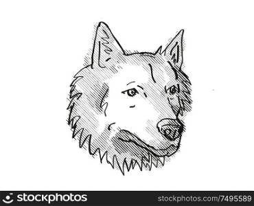 Retro cartoon style drawing of head of a Goberian, a domestic dog or canine breed on isolated white background done in black and white.. Goberian Dog Breed Cartoon Retro Drawing