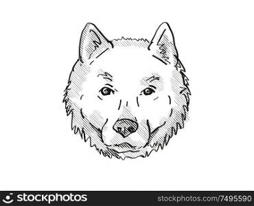 Retro cartoon style drawing of head of a Hokkaido, Ainu-ken, Seta, or Ainu dog, a domestic canine breed on isolated white background done in black and white.. Hokkaido Dog Breed Cartoon Retro Drawing