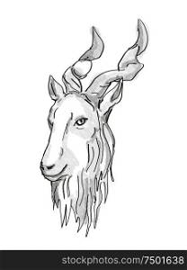 Retro cartoon style drawing of head of a markhor, a wild goat that is found in mountainous regions of western and central Asia and an endangered wildlife species done in black and white.. Markhor Endangered Wildlife Cartoon Retro Drawing