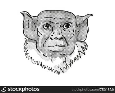 Retro cartoon style drawing of head of a pied tamarin, a small species of monkey in the rainforest of Brazil and an endangered wildlife species on isolated white background done in black and white.. pied tamarin Endangered Wildlife Cartoon Retro Drawing