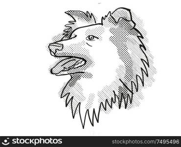 Retro cartoon style drawing of head of a Shetland Sheepdog , a domestic dog or canine breed on isolated white background done in black and white.. Shetland Sheepdog Dog Breed Cartoon Retro Drawing
