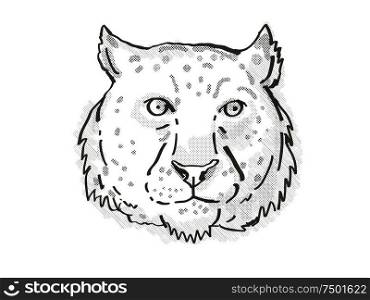 Retro cartoon style drawing of head of a snow leopard, an endangered wildlife species on isolated white background done in black and white.. snow leopard Endangered Wildlife Cartoon Retro Drawing