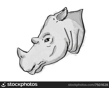 Retro cartoon style drawing of head of a Sumatran Rhinoceros , an endangered wildlife species on isolated white background done in black and white.. Sumatran Rhinoceros Endangered Wildlife Cartoon Retro Drawing