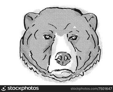 Retro cartoon style drawing of head of a Sun Bear or Helarctos malayanus, an endangered wildlife species on isolated white background done in black and white.. Sun Bear or Helarctos malayanus Endangered Wildlife Cartoon Retro Drawing