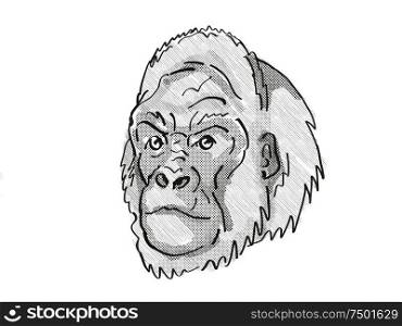 Retro cartoon style drawing of head of a Western Lowland Gorilla, an endangered wildlife species on isolated white background done in black and white.. Western Lowland Gorilla Endangered Wildlife Cartoon Retro Drawing
