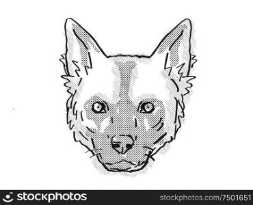 Retro cartoon style drawing of head of an African Wild dog or Lycaon pictus , an endangered wildlife species on isolated white background done in black and white.. African Wild dog or Lycaon pictus Endangered Wildlife Cartoon Retro Drawing