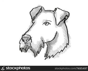 Retro cartoon style drawing of head of an Airdale Terrier , a domestic dog or canine breed on isolated white background done in black and white.. Airdale Terrier Dog Breed Cartoon Retro Drawing