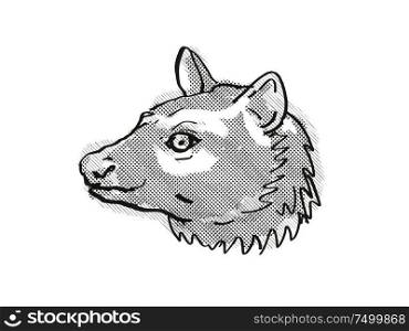 Retro cartoon style drawing of head of an Asian Palm civet or Common Palm civet , an endangered wildlife species on isolated white background done in black and white.. Asian Palm civet or Common Palm civet Endangered Wildlife Cartoon Retro Drawing