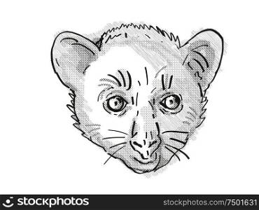Retro cartoon style drawing of head of an Aye-Aye or Daubentonia madagascariensis , an endangered wildlife species on isolated white background done in black and white.. Aye-Aye or Daubentonia madagascariensis Endangered Wildlife Cartoon Retro Drawing