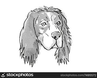 Retro cartoon style drawing of head of an English Setter, a domestic dog or canine breed on isolated white background done in black and white.. English Setter Dog Breed Cartoon Retro Drawing