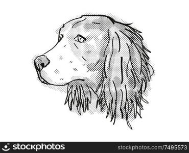 Retro cartoon style drawing of head of an English Springer Spaniel, a domestic dog or canine breed on isolated white background done in black and white.. English Springer Spaniel Dog Breed Cartoon Retro Drawing
