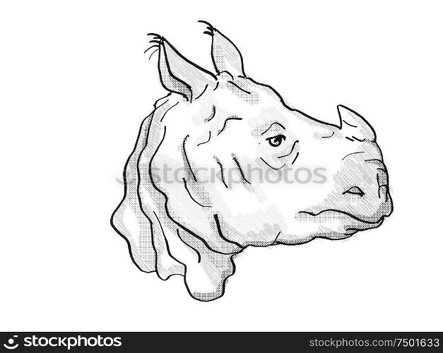 Retro cartoon style drawing of head of an Indian Rhinoceros, an endangered wildlife species on isolated white background done in black and white.. Indian Rhinoceros Endangered Wildlife Cartoon Retro Drawing