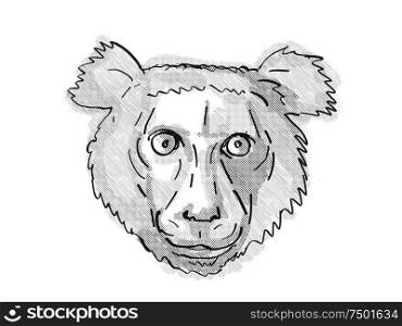 Retro cartoon style drawing of head of an Indri, a large species of Lemur found in Madagascar and an endangered wildlife species on isolated white background done in black and white.. Indri Endangered Wildlife Cartoon Retro Drawing